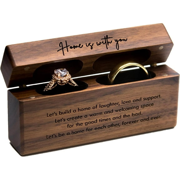 MUUJEE Double Ring Box - Engraved Slim Wooden Ring Case Box for Wedding Ceremony Engagement Proposal Ring Bearer Box - Anniversary Birthday Gift Ideas (Home Is With You)