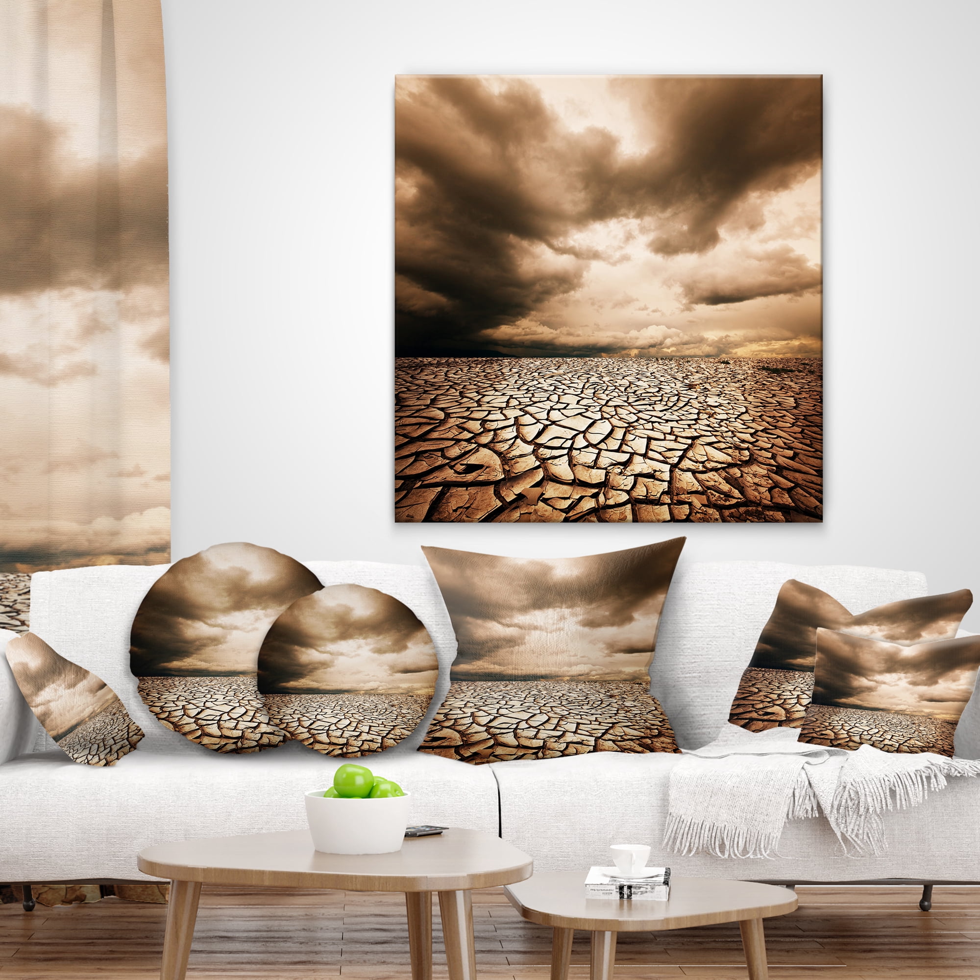 Designart Cracked Drought Land with Dark Clouds - Landscape Printed Throw Pillow - 18x18