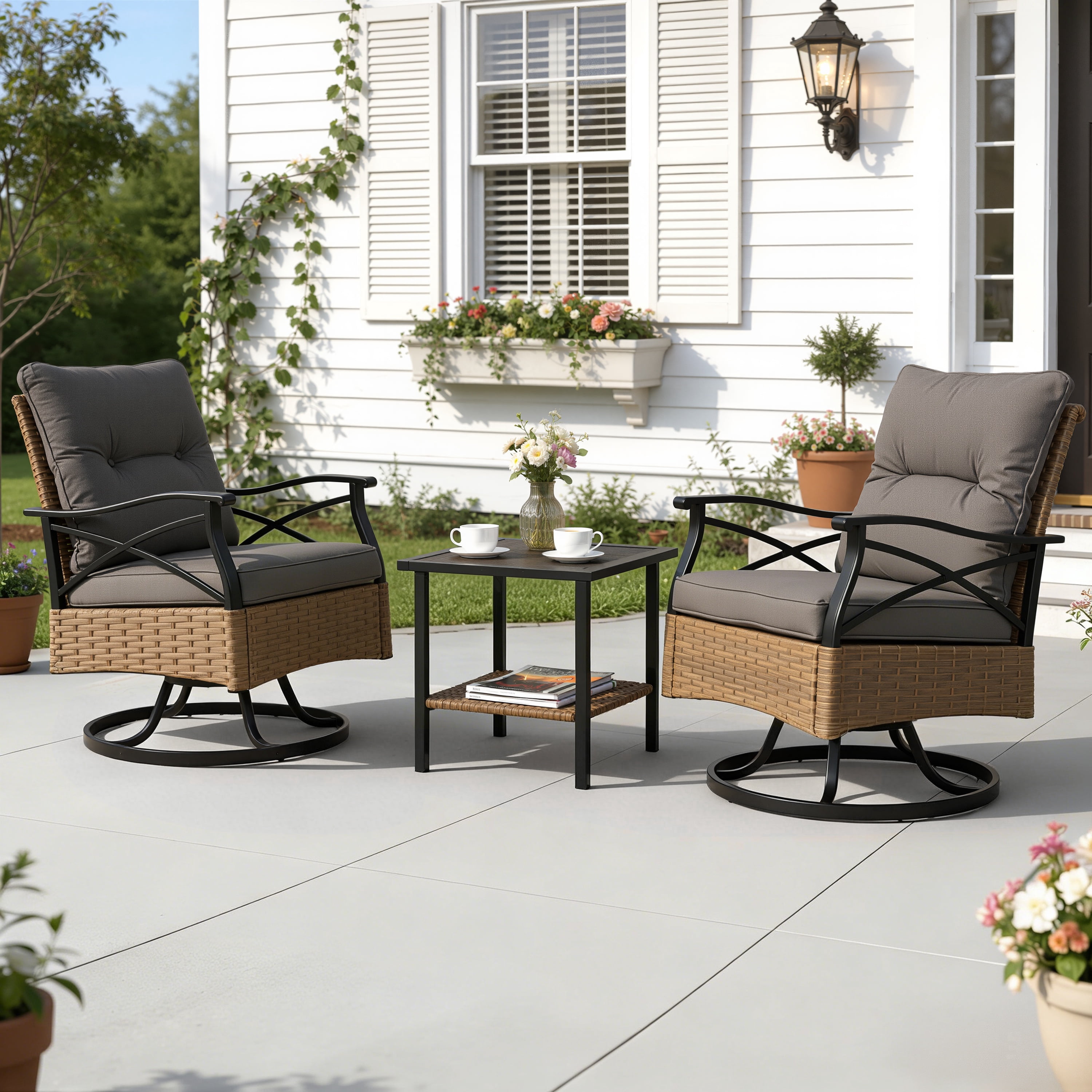 3 Piece Outdoor Bistro Swivel Chairs Set, Patio Bistro Set w/ 360° Swivel Rocking Chairs & Table, All-Weather Conversation Set with Metal Frame for Patio Backyard Porches or Garden - Gray