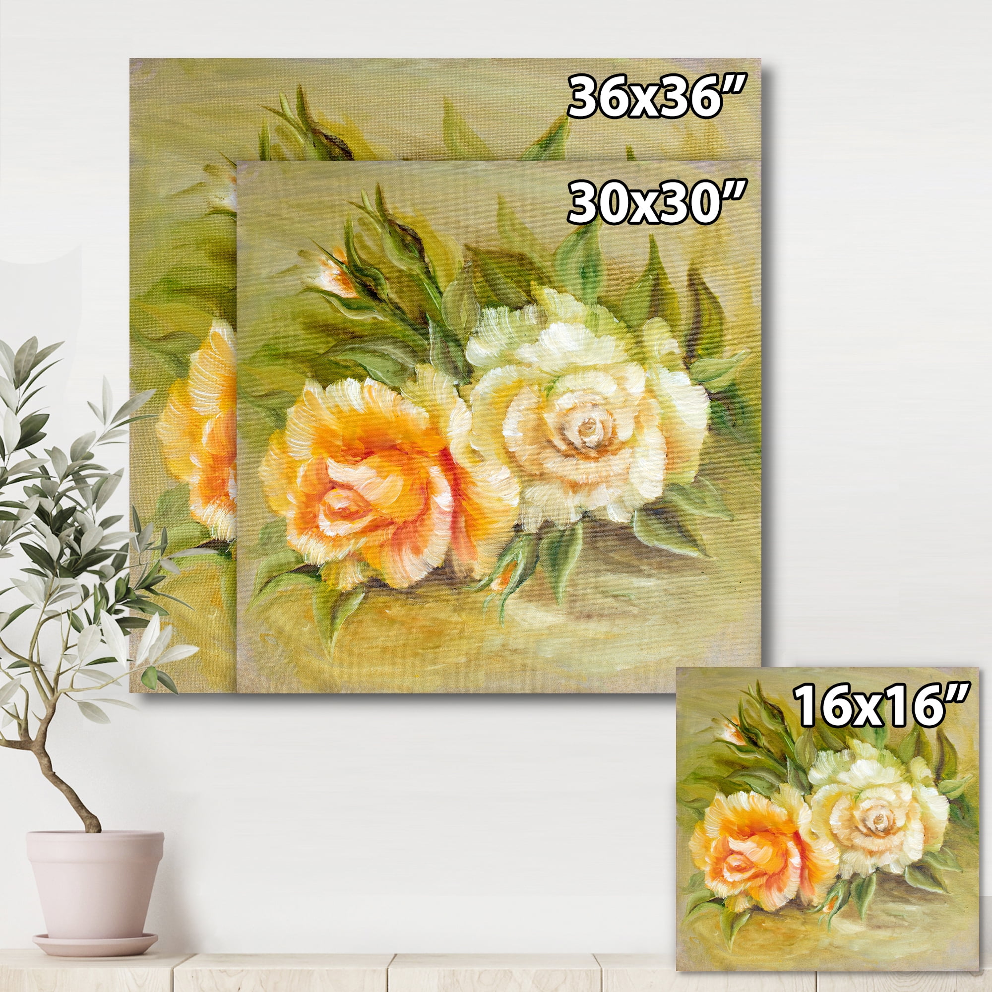 Designart ' Vintage Yellow and White Roses ' Traditional Canvas Wall Art Print