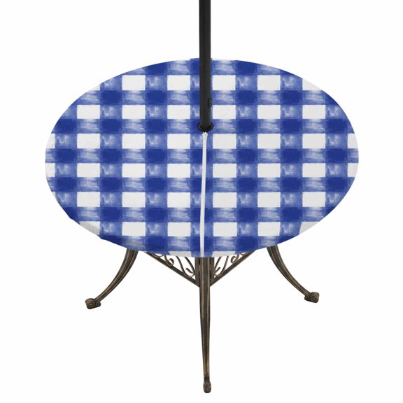 Outdoor Tablecloth with Umbrella Hole and Zipper Buffalo Check Watercolor Round Fitted Table Cover with Elastic Waterproof Blue White Plaid FarmHouse Patio Tablecloths for Picnic BBQS Fit 55"-60"