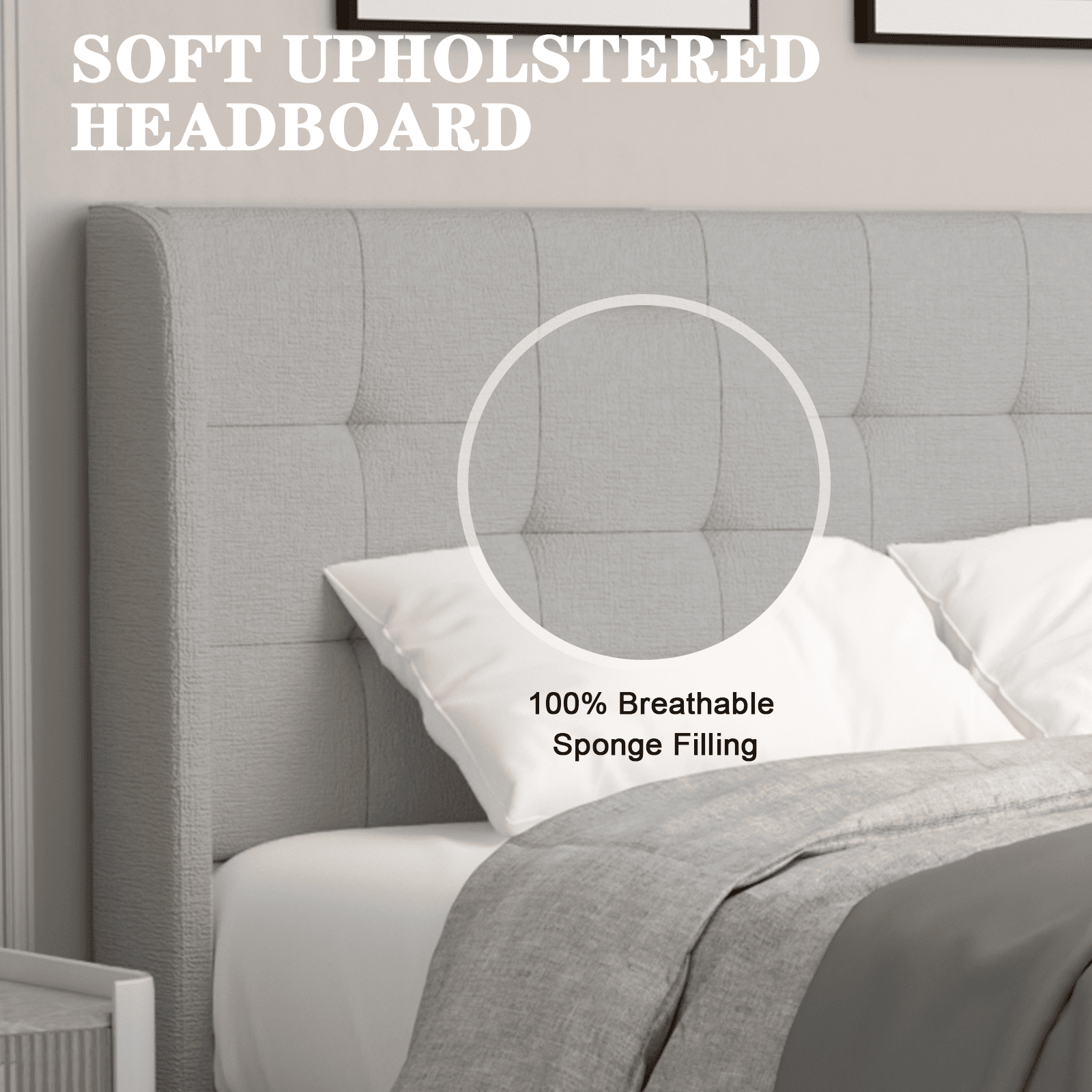 Nathaniel Home, Cotton Linen Beds, Queen Beds Frame, Tufted Upholstered Bed with Wingback, Low Profile Platform Beds, Strong Wooden Slats, Gray Adult