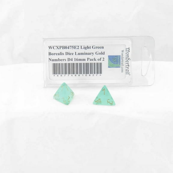 Light Green Borealis Dice Luminary with Gold Numbers D4 Aprox 16mm (5/8in) Pack of 2 Wondertrail