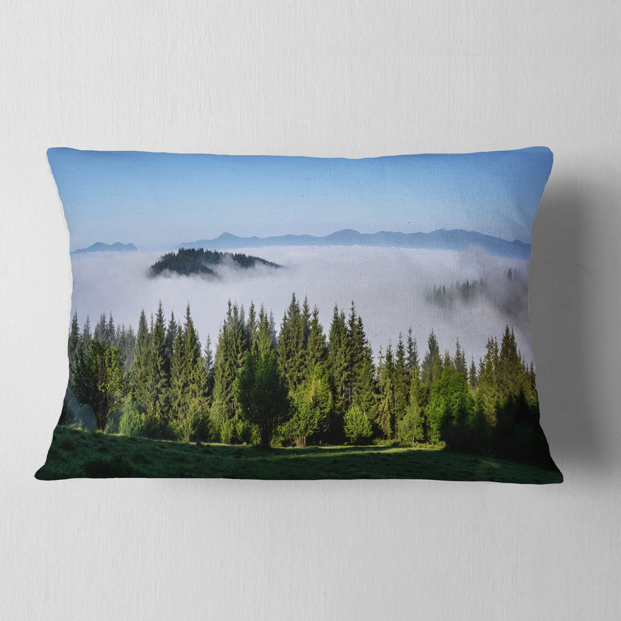 Designart Green Trees and Fog Over Mountains - Landscape Printed Throw Pillow - 12x20