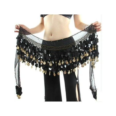 VICOODA One Size 160cm Women's Belly Dance Hip Scarves Costume Double Layers Sequins Belt Silver Gold Coins Chiffon Skirts