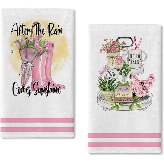 SPXUBZ Kitchen Towels, Summer Pink Rain Boots Tulip Umbrella Towels for Home Kitchen Holiday Decoration Housewarming Gift Towel Set of 2