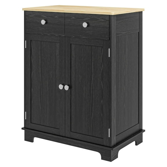 Sideboard Buffet Cabinet Black Kitchen Storage - Solid Wood Top, 2 Drawers, Adjustable Shelf, Living Room Coffee Bar