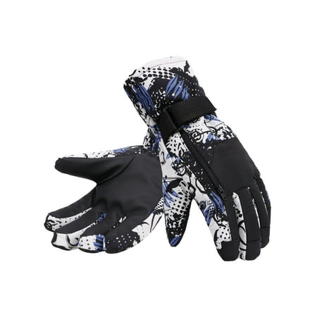 Mens Waterproof Thinsulate Lining Winter Ski Gloves, Print Blue,