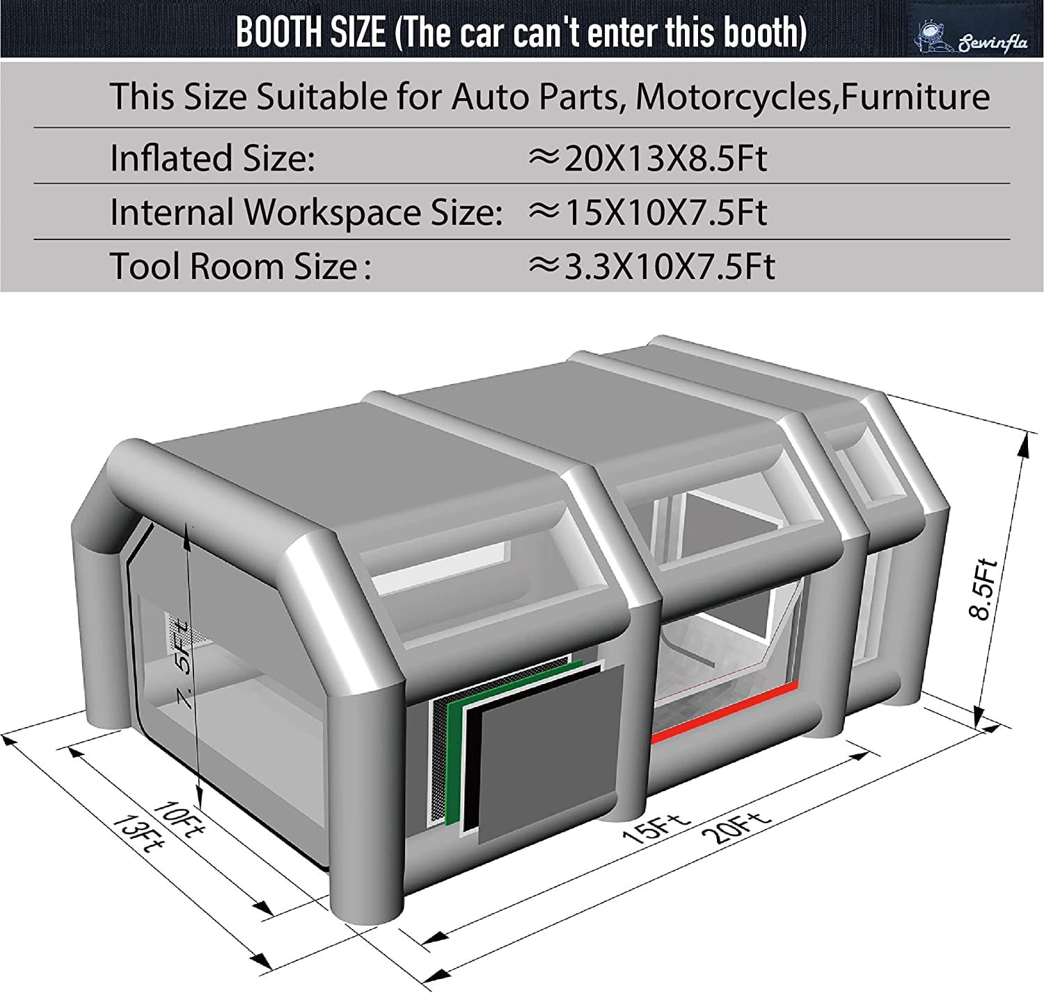 Sewinfla Indoor Inflatable Paint Booth with Air Draft Device 20x13x8.5Ft with Blowers