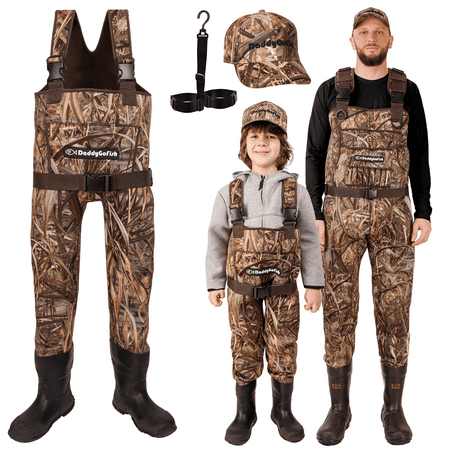 DaddyGoFish Neoprene Chest Waders for Kids and Adults | Waterproof BootFoot Waders | Fishing and Hunting Waders with a Camouflage Caps and a Wader Hanger