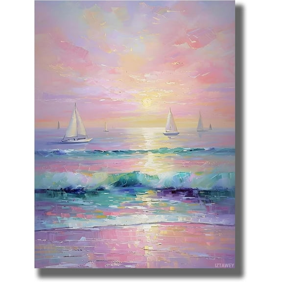 Vintage Oil Painting Print Pastel Sunset Canvas Print Blush Pink Coast Beach Preppy Ocean Painting Poster Boho Wall Art Decor Dorm Teen Room Wall Decor 12x16inch Frameless