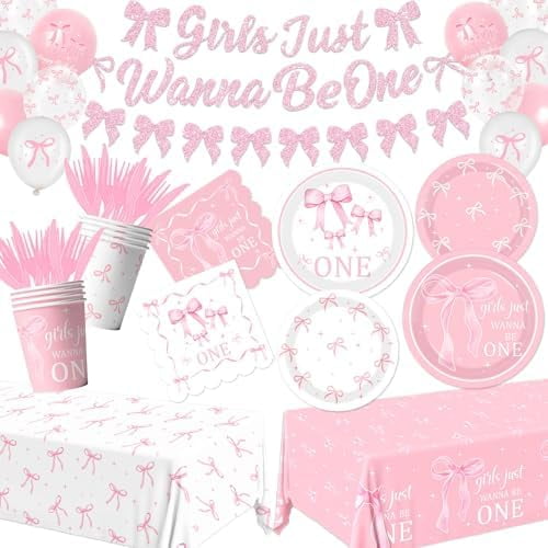 190Pcs Pink Bow 1st Birthday Decorations, Baby Girl First Birthday Party Supplies Includes Girls Just Wanna Be One Plates Napkins Cups Tablecloth Banner Balloons for Girls Bow Party Decor
