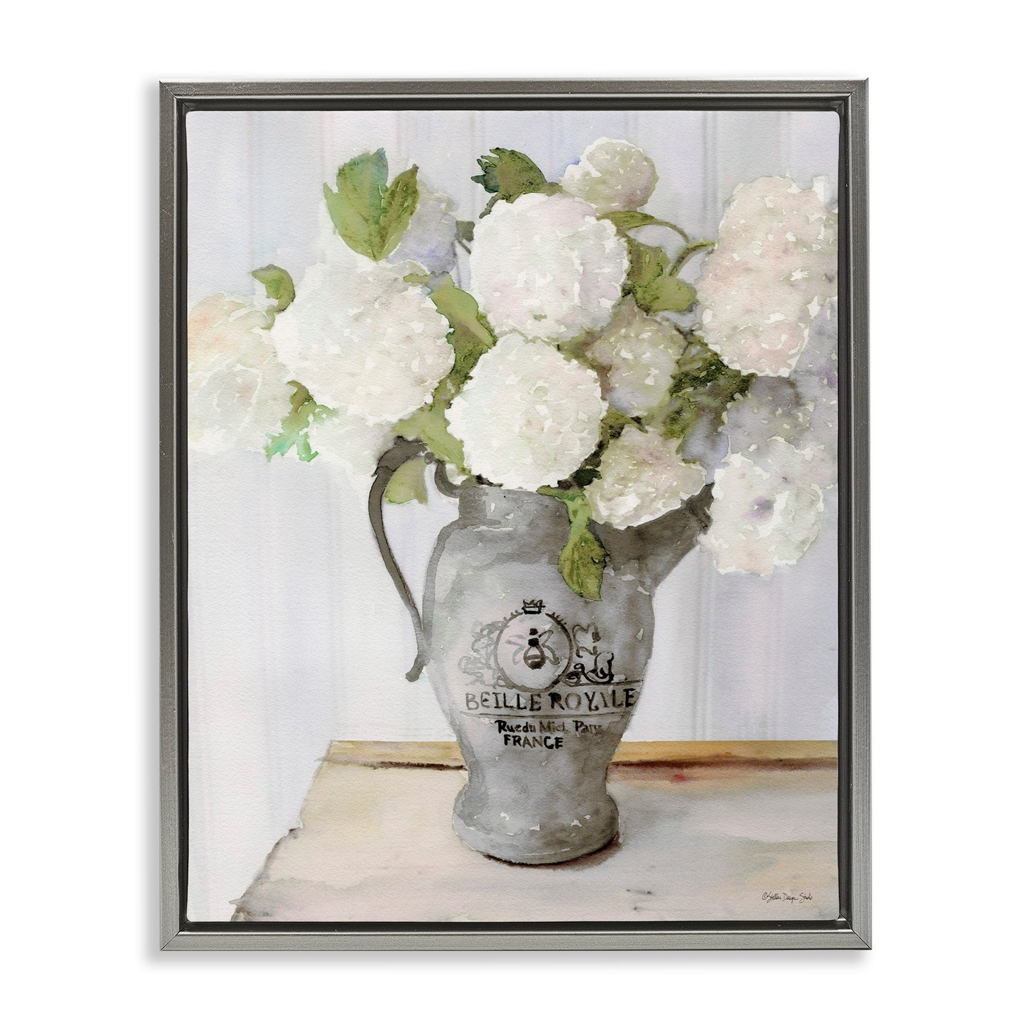 Stupell Industries White Hydrangea in French Country Pitcher Still Life Luster Gray Framed Floating Canvas Wall Art, 24x30, by Stellar Design Studio