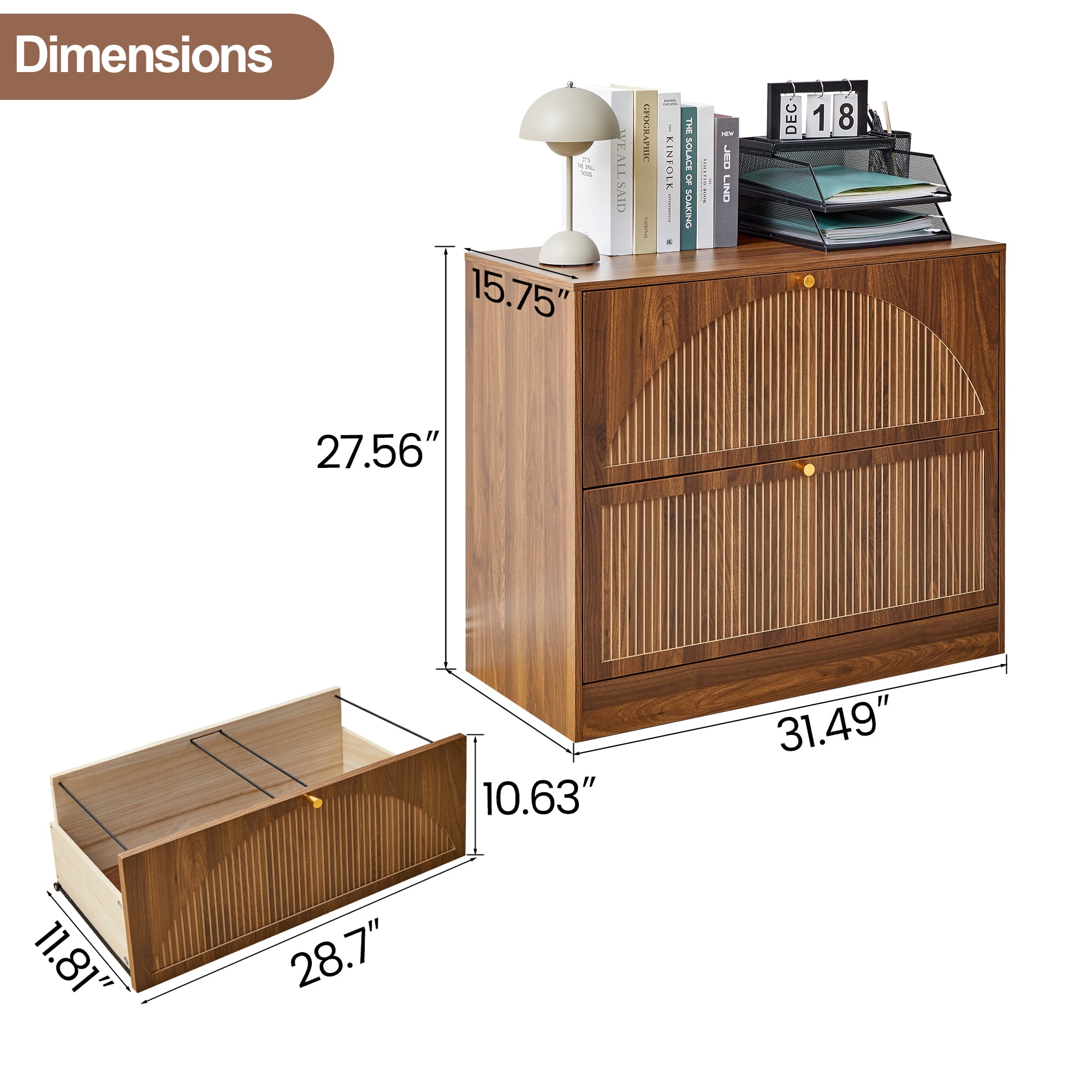 Walnut 2-Drawer Wood File Cabinet, Vertical Filing Cabinet for Letter/A4-Sized Files, Modern Fluted Design Storage Organizer, Easy to Assemble for Home Office
