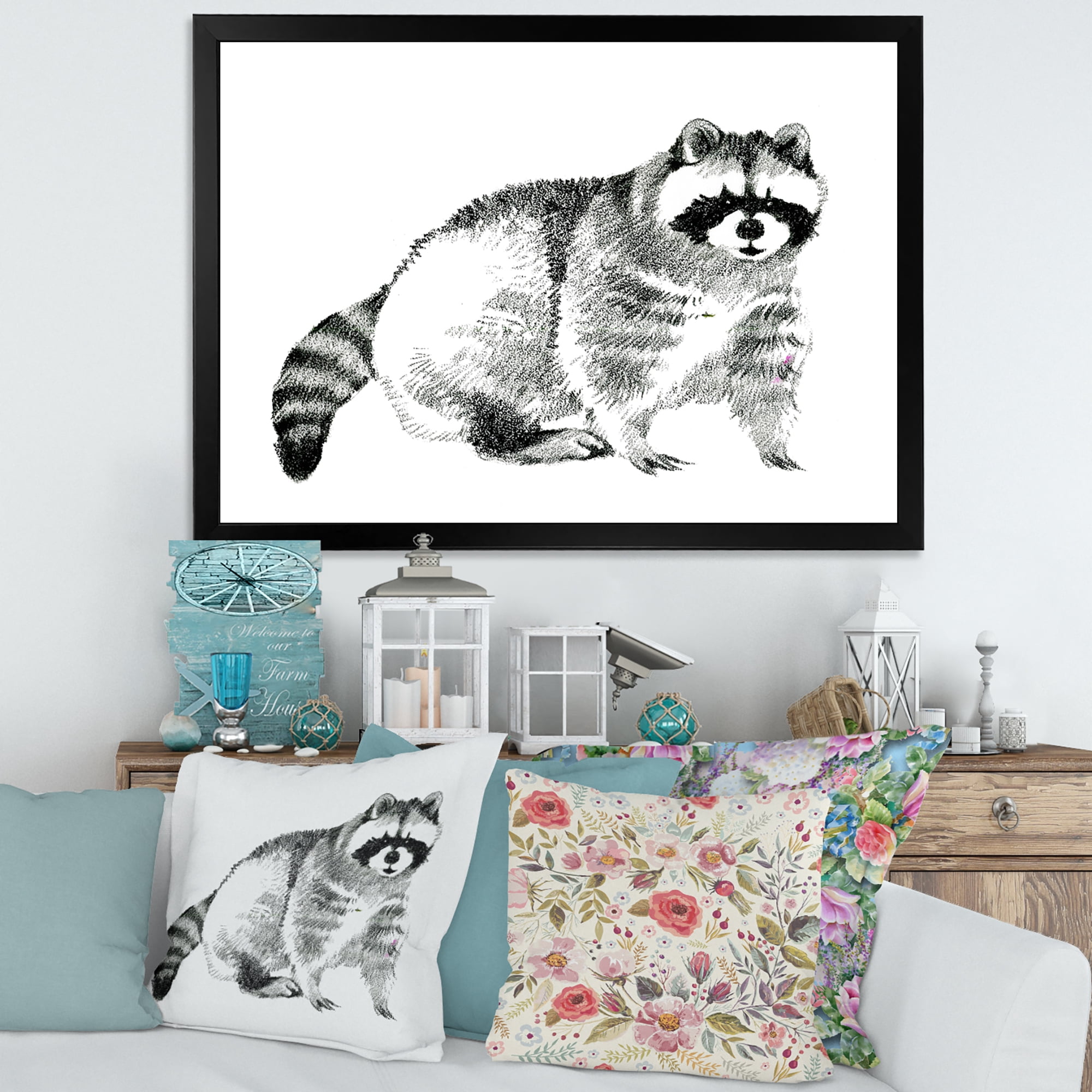 Designart 'Black and White Portrait Of Raccoon' Farmhouse Framed Art Print