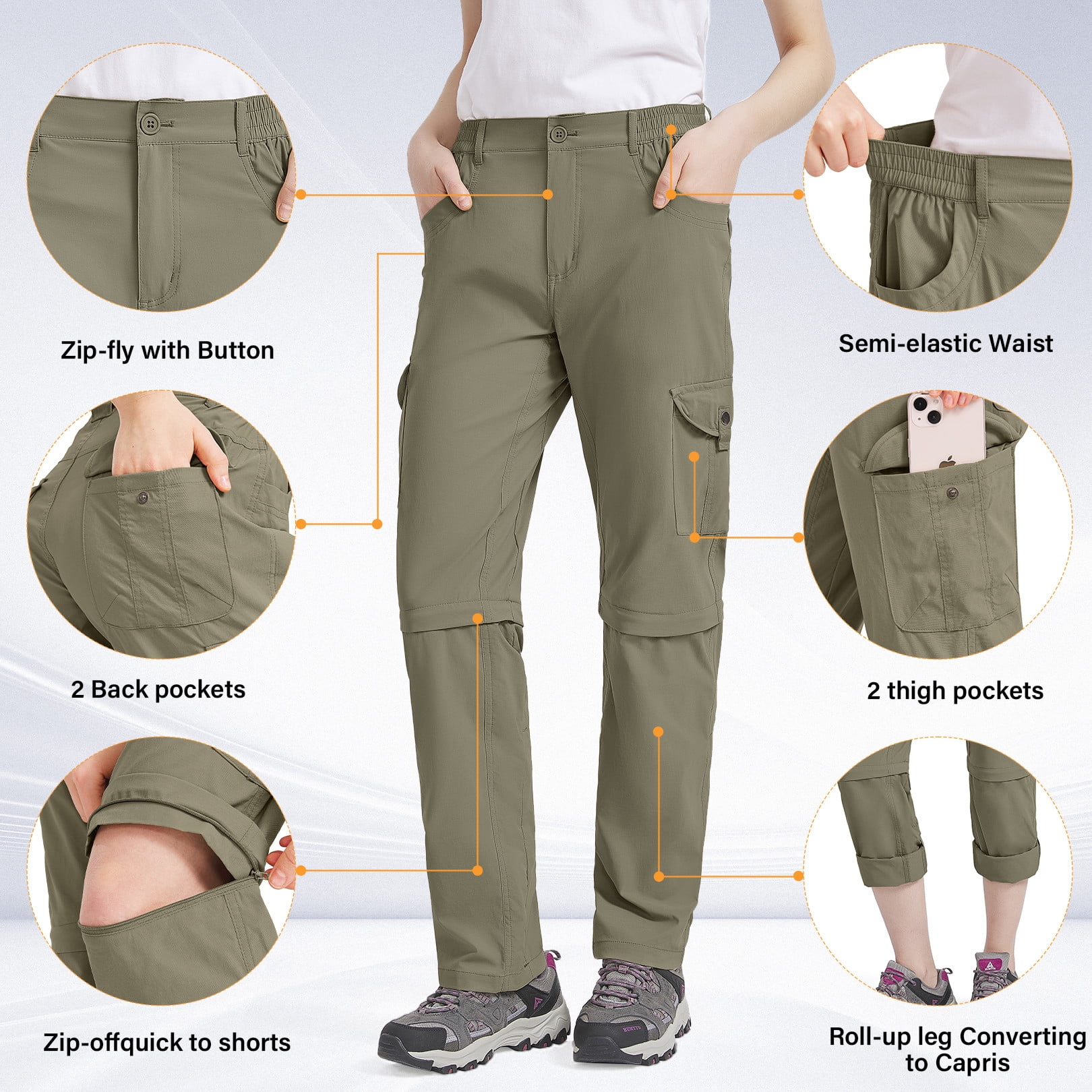 POENTAB Women's Hiking Pants Convertible Quick Dry Stretch Lightweight Zip-Off Outdoor Pants with 6 Deep Pockets Green