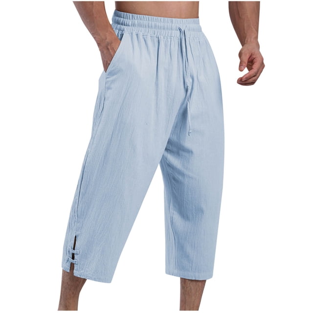 Pantalones largos de moda para hombre, casuales, de color sólido, con bolsillos, elásticos, deportivos, de lino y algodón.