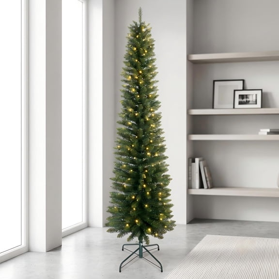 Fehomix 6FT Pre-Lit Pencil Christmas Tree with 150 Warm White LED Lights, 358 PVC Tips, Slim Artificial Christmas Tree with Metal Stand for Apartments, Corners, Small Spaces & Offices