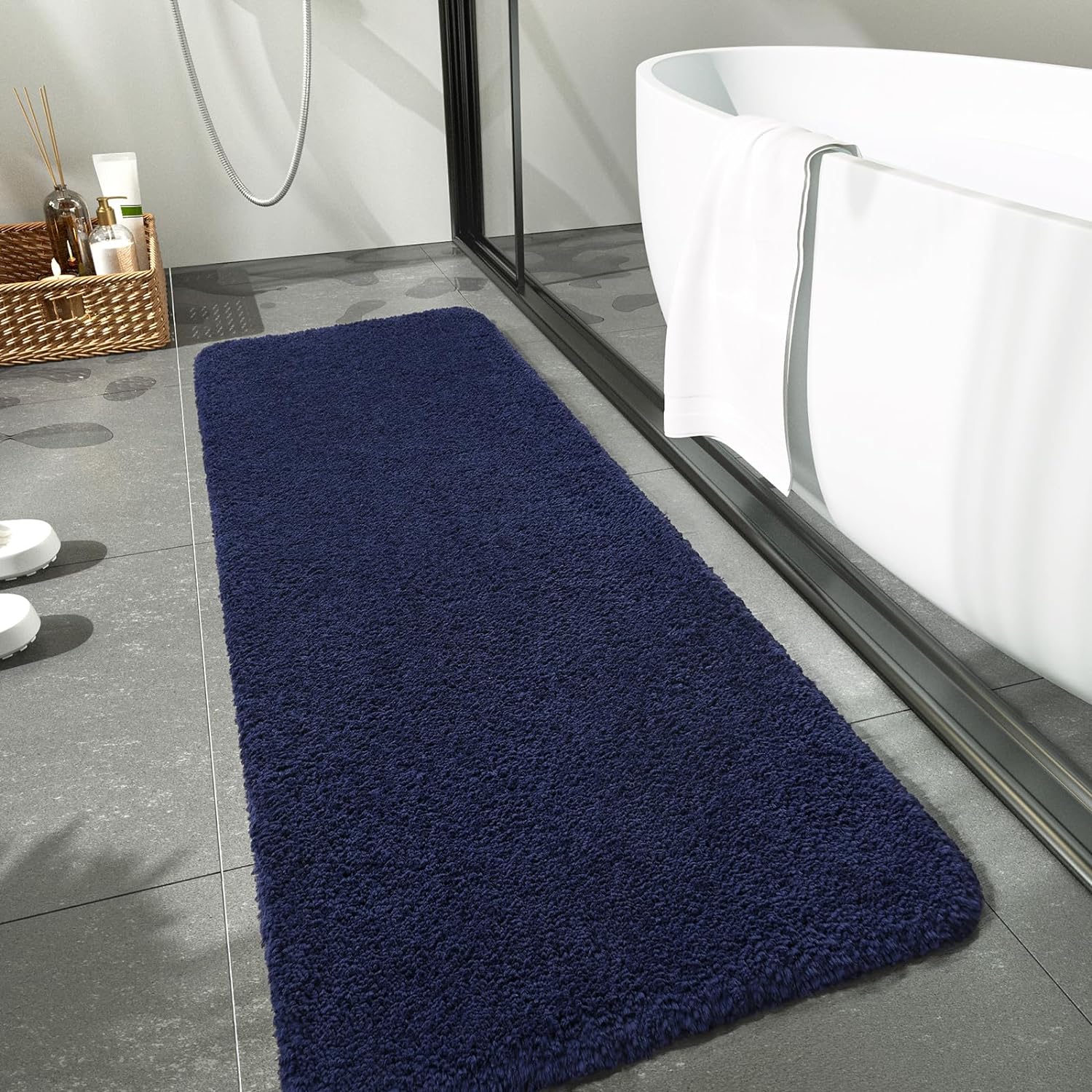 Junovo Soft Bathroom Rug Runner Absorbent Microfiber Bath Rugs for Bathroom Non Slip Bath Mat for Tub, Shower Floor,24"x70",Navy Blue