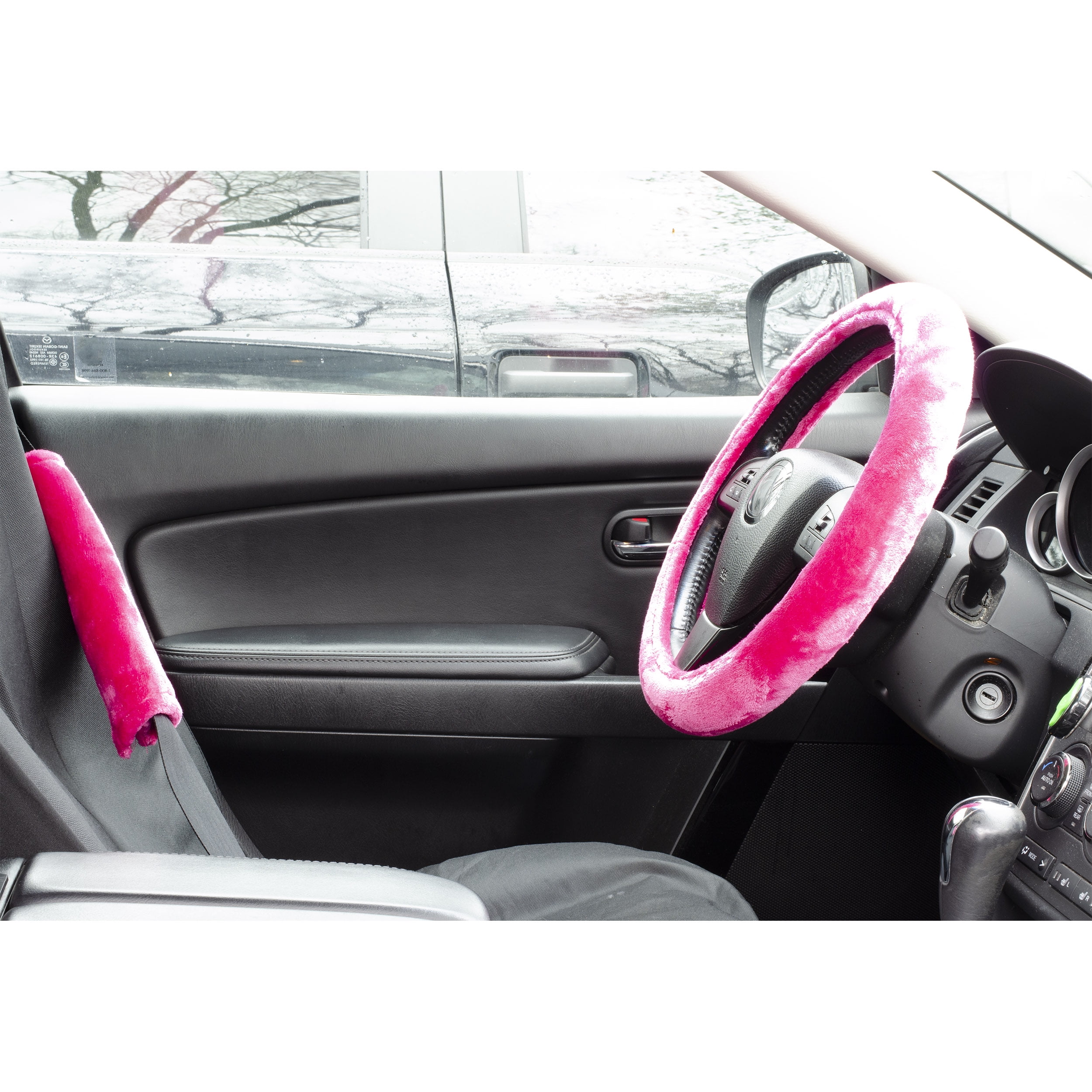 Pink Car Accessories Set Car Seat Covers Full Set Steering Wheel Cover  Headrest Cover with Center Console Pad Cup Cup Holders Seat Belt Pads Gear