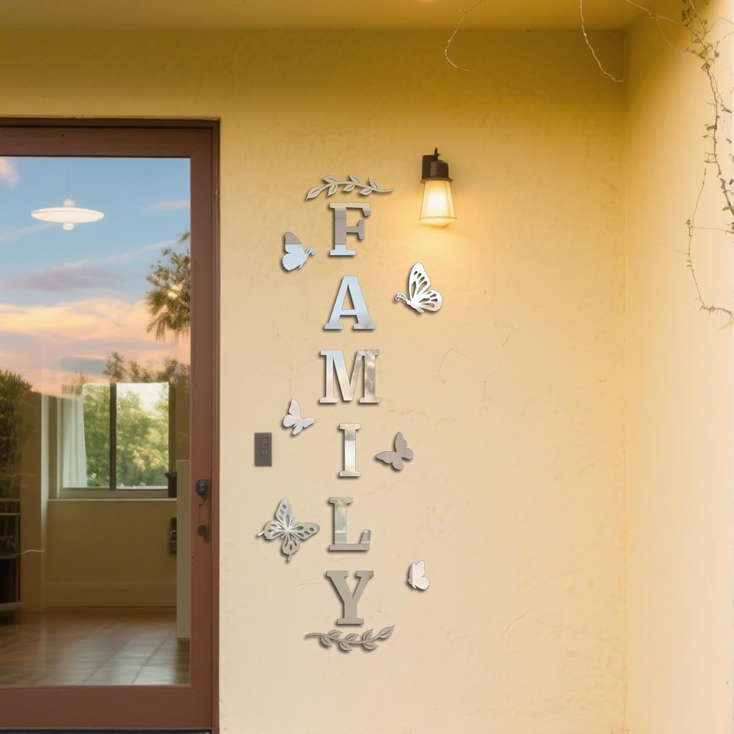 Silver Family Letter Sign Acrylic Mirror Wall Stickers for Living Room 61.02x23.62 in Butterfly Vines Self-Adhesive Wall Decor Decals for Bedroom Kitchen Decorations Silver