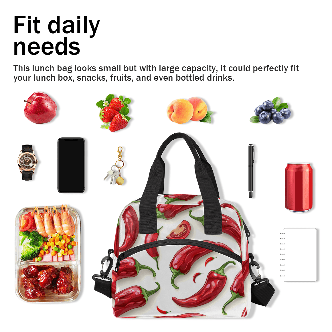 Herdesigns Chili Pepper Insulated Lunch Bag for Women Men Adults Large Reusable Lunch Box Red Chili Leakproof Cooler Tote Bags with Adjustable Shoulder Strap
