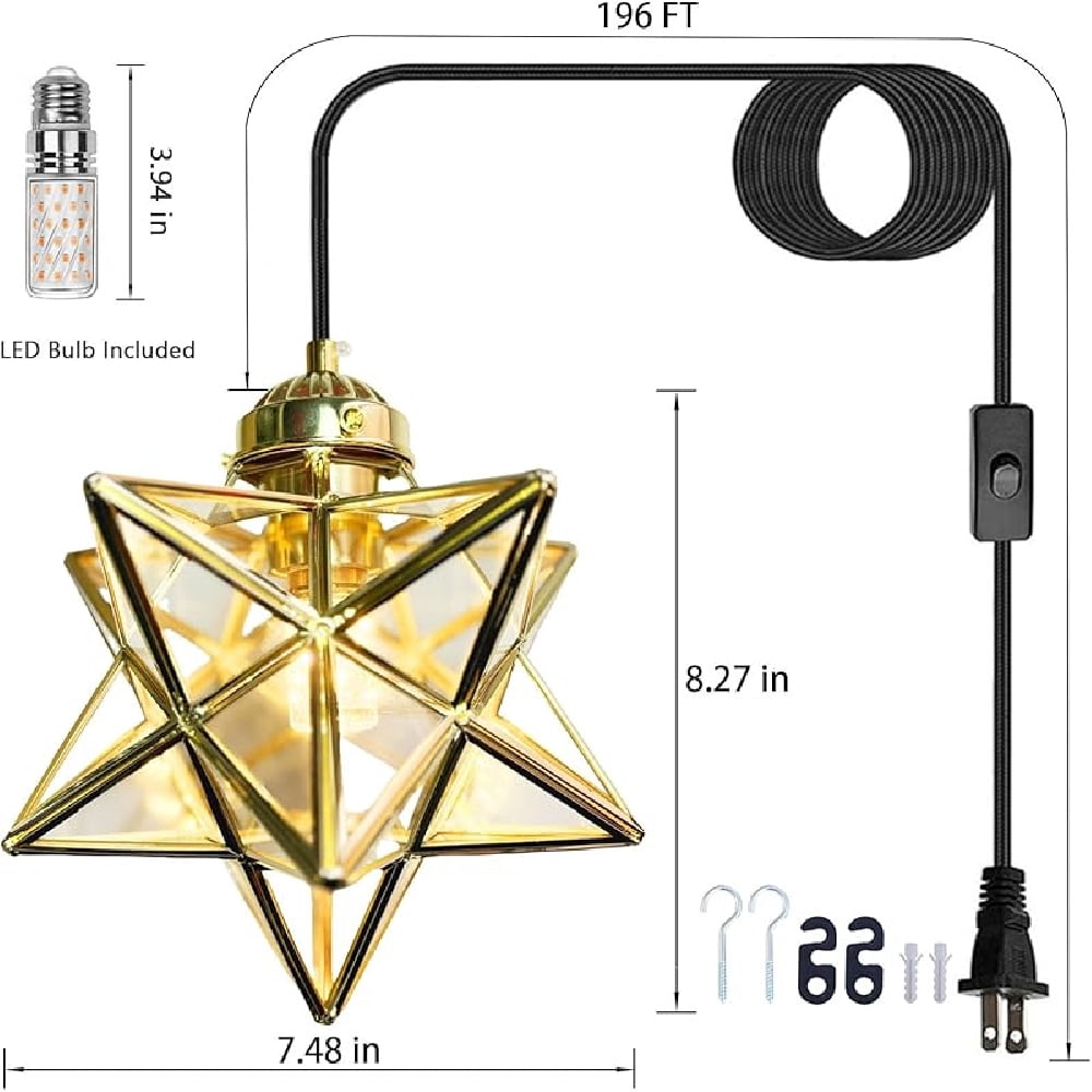 Gold Moravian Star Pendant Light with Brass Shade&Seeded Glass, 16.5ft Plug-in Hanging Light Fixture with Switch, Brass Lighting Fixture for Kitchen Island, Bedroom, Nursery(LED Bulb Included)
