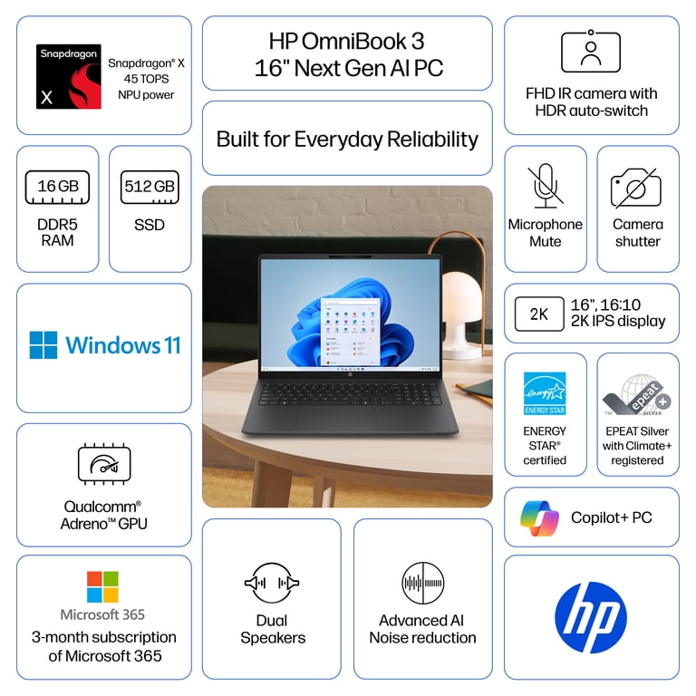 HP OmniBook 3 16 inch Laptop Next Gen AI PC 2K IPS Display Windows