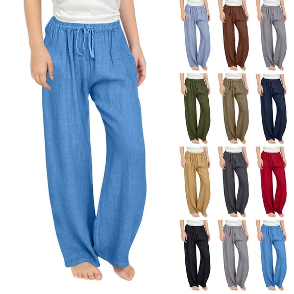 Gunia Girls Sweatpants Baggy Casual Wide Leg Linen Pants Lightweight Summer Loose Fit Elastic Waist Plus Size Solid Long Trousers Athletic Pants 4-14 Years