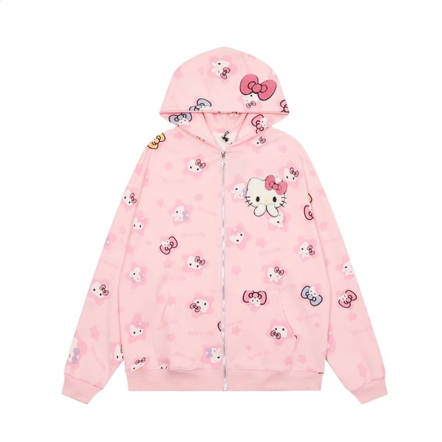 Sudadera con capucha y cremallera con dibujos animados de Hello Kitty de Sanrioed, sudadera con capucha para niñas, chaqueta Lolita Kawaii, ropa de abrigo holgada estilo Harajuku, ropa para mujer