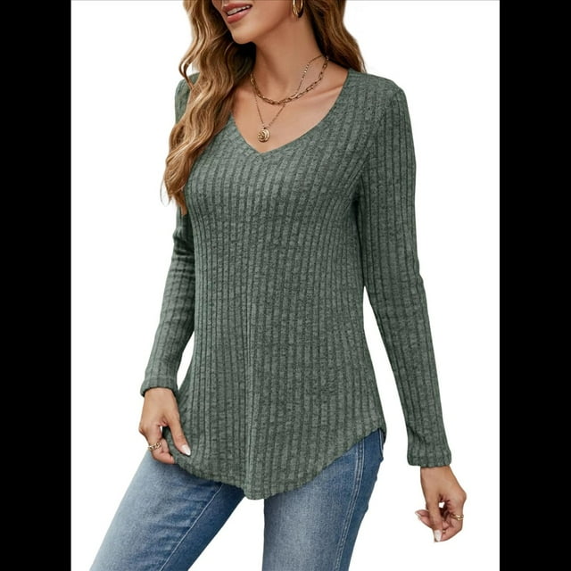 Camisa de Larga con Cuello en V para Mujer, Túnica de Otoño, Suéter Informal Elegante, Ropa y . Verde XXL