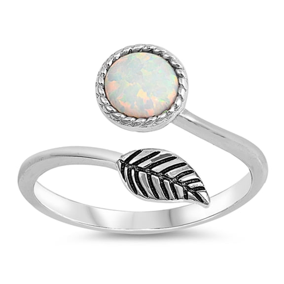 CHOOSE YOUR COLOR White Simulated Opal Open Knuckle Round Leaf Ring .925 Sterling Silver Band CZ Female Size 6