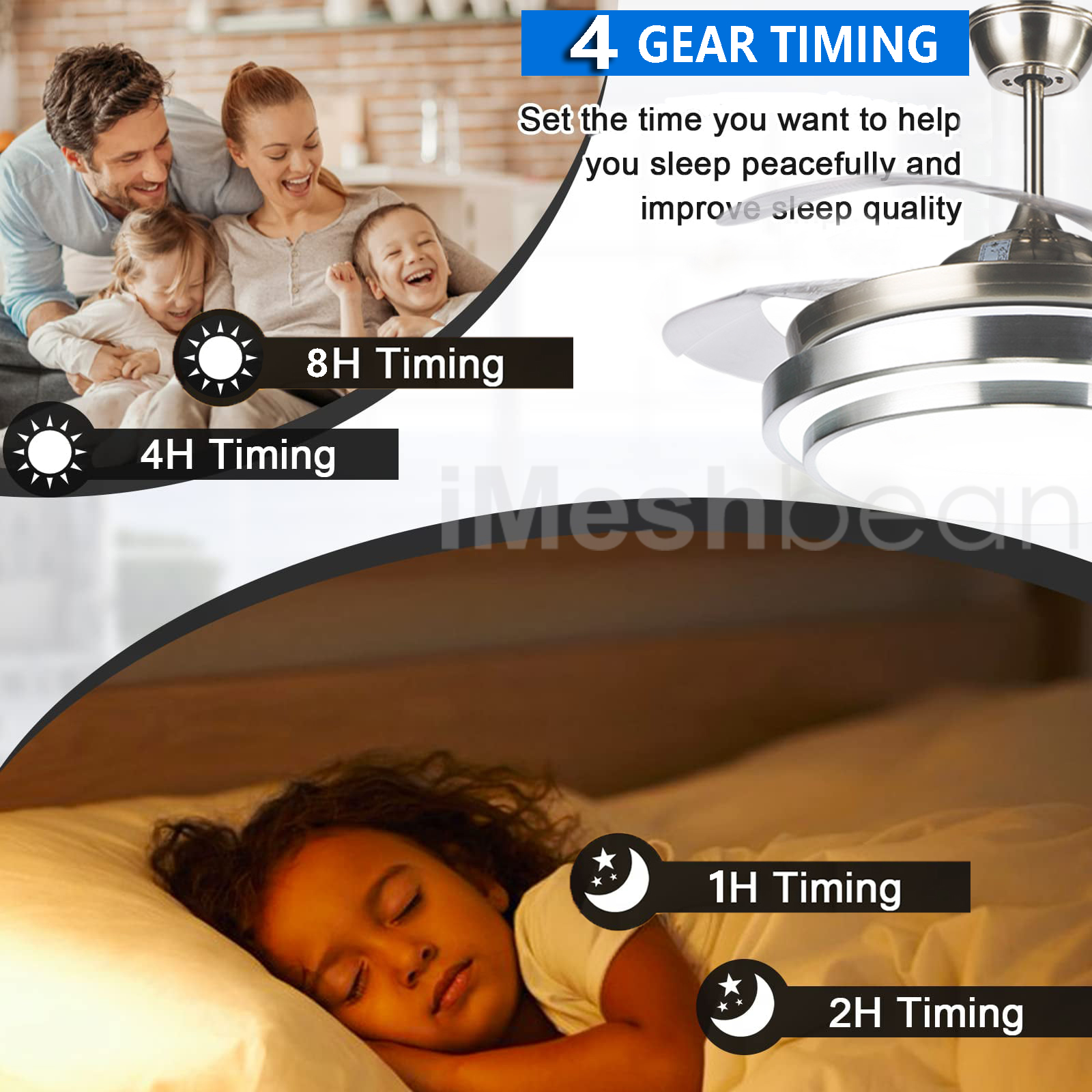 iMeshbean 42" LED Chandelier Invisible Ceiling Fan Light Ceiling Lamp Retractable w/Remote Control, 3 Light Color Changing