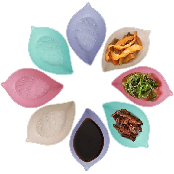 SPRING PARK 8Pcs Sauce Dish Leaf Shape, Soy Sauce Dishes Mixed Color Dipping Bowls Mini Plastic Seasoning Dish Appetizer Plates