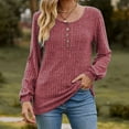thumbnail image 2 of WREESH Womens Loose Crewneck Sweatshirt Round Neck Stripe Matte Color Button Splicing Long Sleeved T Shirt Wine, 2 of 4