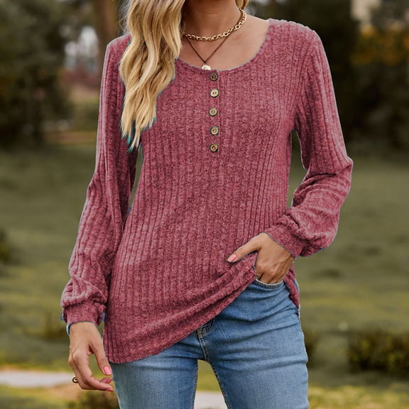 Trendy Topss for Women Solid Color Pinstripe Knit Sweater Long Sleeve Round Neck Button Jumper Work Office Outerwear (XL, A Wine)