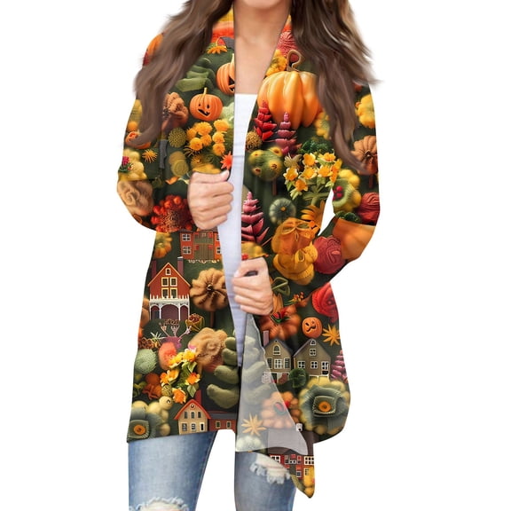 WTOBBY Women's Halloween Bat Pumpkin Print Cardigan Jacket Fashion Casual Long Sleeve Mid-Length Cover Up Top Lightweight Open Front Outerwear,Fluorescent Green 2XL