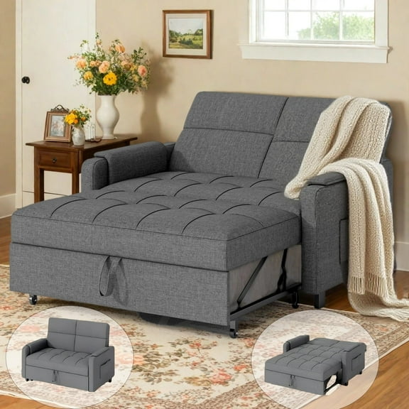 3-in-1 Convertible Sofa Bed, Cloud Couch with Adjustable Backrest, Compact Loveseat & Pull-Out Bed for Liviing Room, Dark Gray