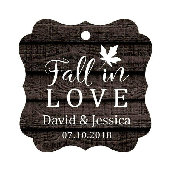 Darling Souvenir Fall in Love Autumn Fall Wedding Favor Hang Tags Custom Bonbonniere Tags-Dark Wood-100 Tags