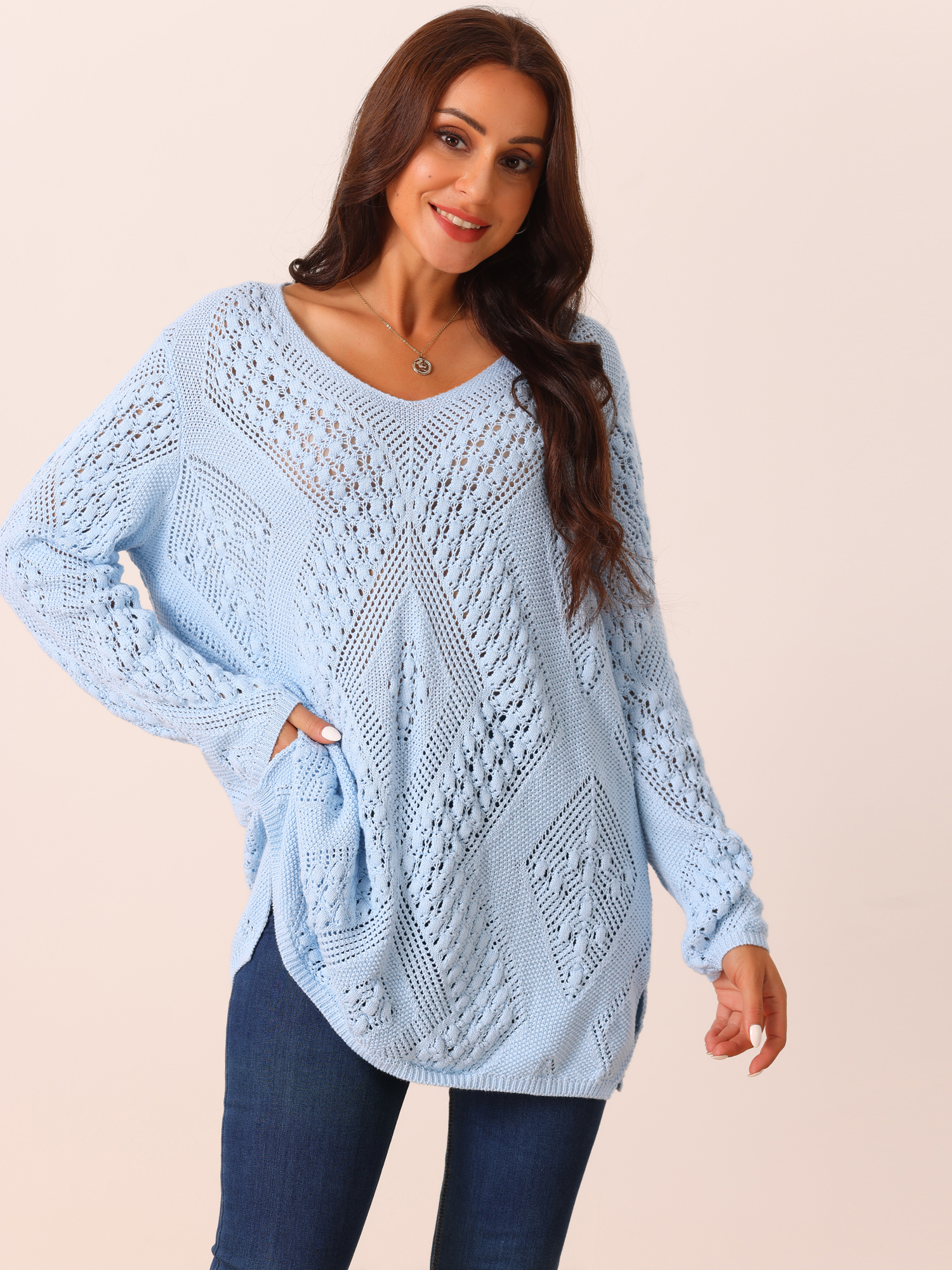 DARING DIVA Hollow Cable Knit Loose Casual Pullover Sweaters L Blue