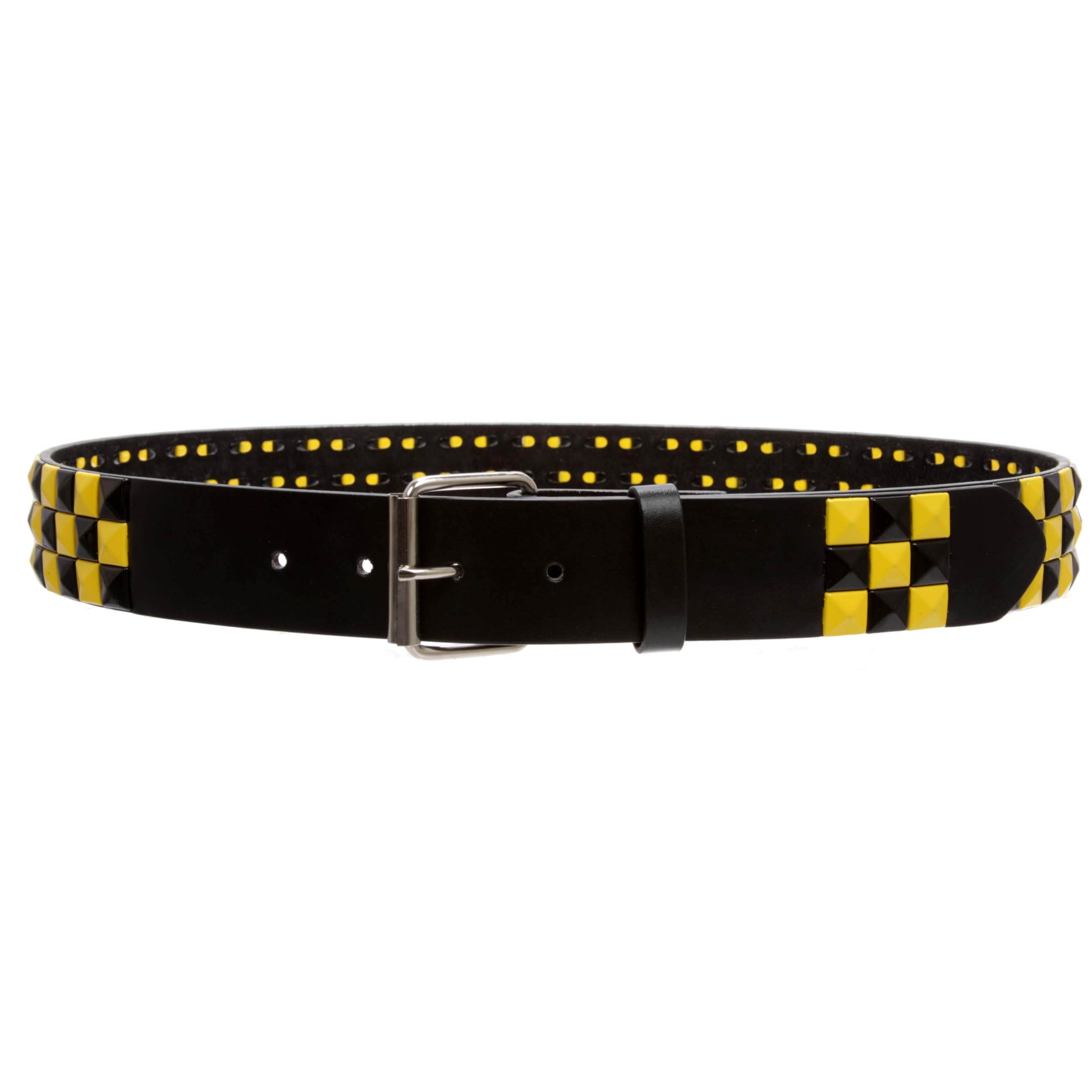 Men's Belt Reversible Wide Bonded Leather Silver-Tone Buckle YELLOW / Black