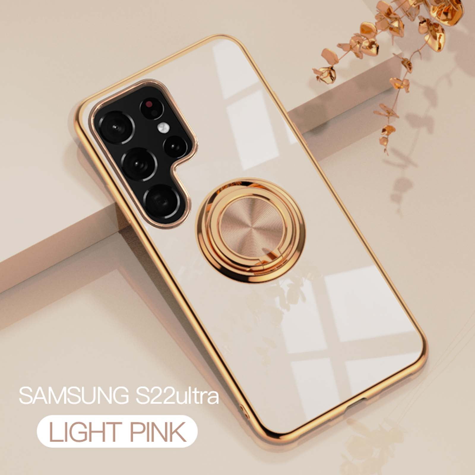 Feishell Case Samsung Galaxy S22 Ultra, 360 Degree Rotation Ring Holder Kickstand Plating Soft Silicone TPU Edge Anti-Scratch Cover Work with Magnetic Car Mount, Light Pink