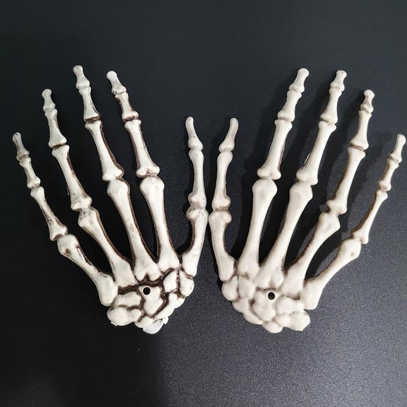 2 Pack Halloween Skeleton Hands, 6.3-Inch Realistic Left and Right Plastic Bone Props for Haunted House, Graveyard, Party Table and Photo Booth Decor