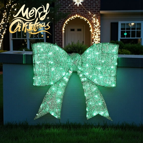 Tcbosik 28-inch Pre-Lit Christmas Bow Decoration, Lighted Giant Bowknot with 124 Green LED Lights, Holiday Decor with Metal Frame for Indoor & Outdoor, Green