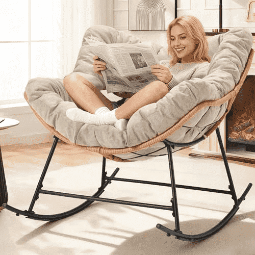 HABUTWAY Outdoor Rocking Chair with Thick Cushion, Comfy Rattan Rocker Egg Chair Indoor with Straps, Patio Rocking Chair 450lbs for Garden, Balcony, Lawn, Backyard, Living Room, Bedroom, BEIGE