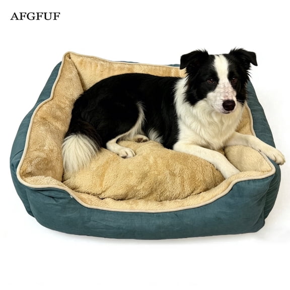 AFGFUF Small Bolster Raised Dog Bed, Teal & Beige Plush Covered Pet Bed with Washable Cover