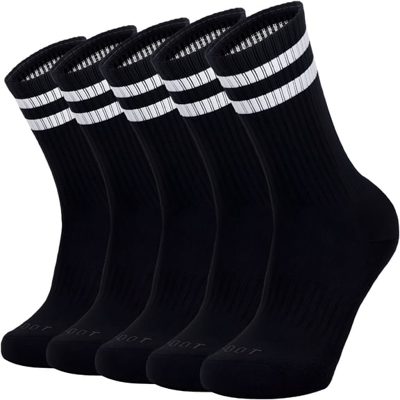 TELOLY 5 Pairs Striped Crew Socks Cotton Cushioned Athletic Sports Running Socks for Men Women Teens (Large, White)