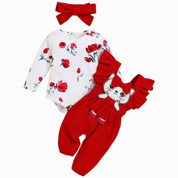 YDFCWXW Baby Girl Clothes Suspender Skirt Ruffled Romper Headband Outfits 0-18 Months (Red, 3-6 Months)