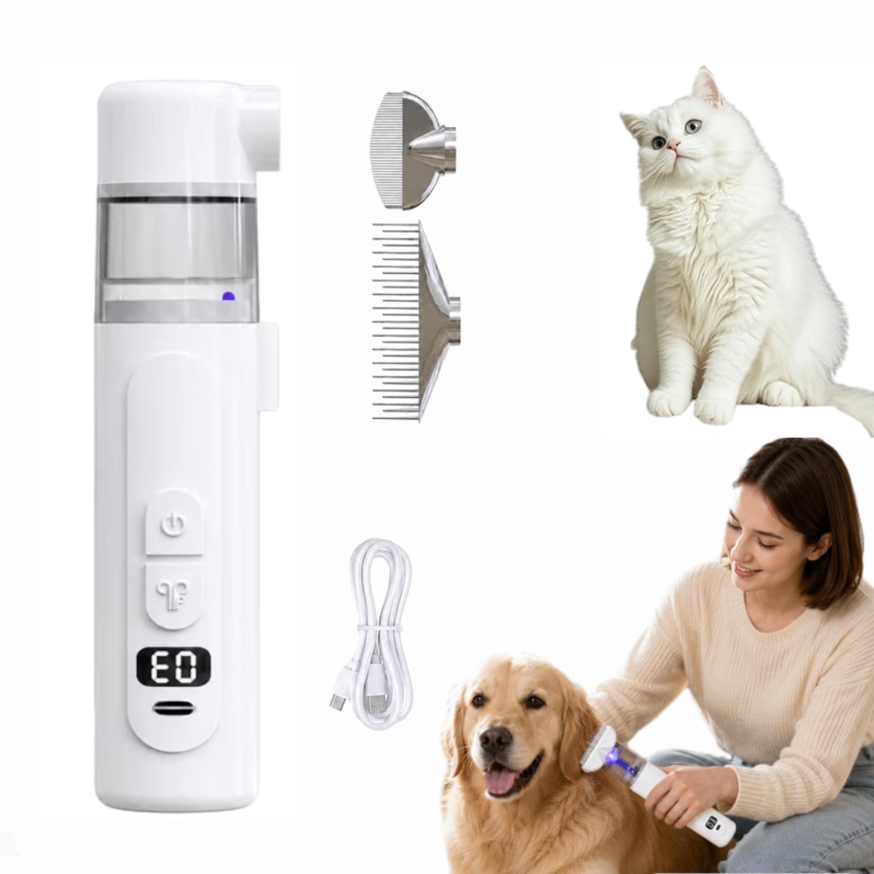 Flea Comb, 3-In-1 Rechargeable with Suction, Electric Pet Flea Comb, Remove Fleas, Lice & Loose Hair, 360° Rotating Head for Long Short Haired Pets