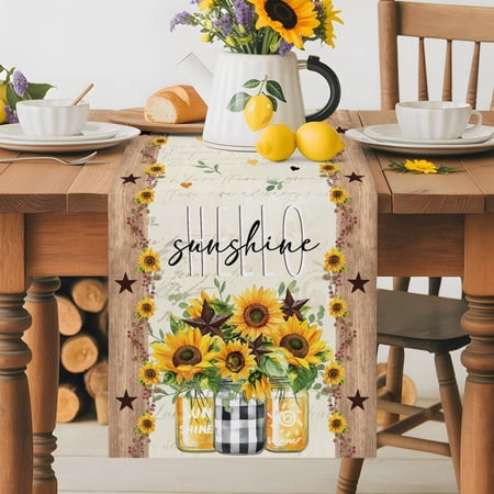 Burlap Table Runner 36 Inches Long, Sunshine Farm Sunflowers Non-Slip Kitchen Table Runners for Dining Room Everyday Use Party Table Decorations Country Star Floral on Letter